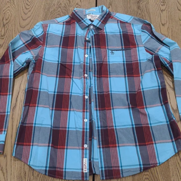 penguin slim fit dress shirt Men's Original Penguin Heritage Slim Fit Blue & Red Plaid Short Sleeve –  Barrio Boutique main image 1